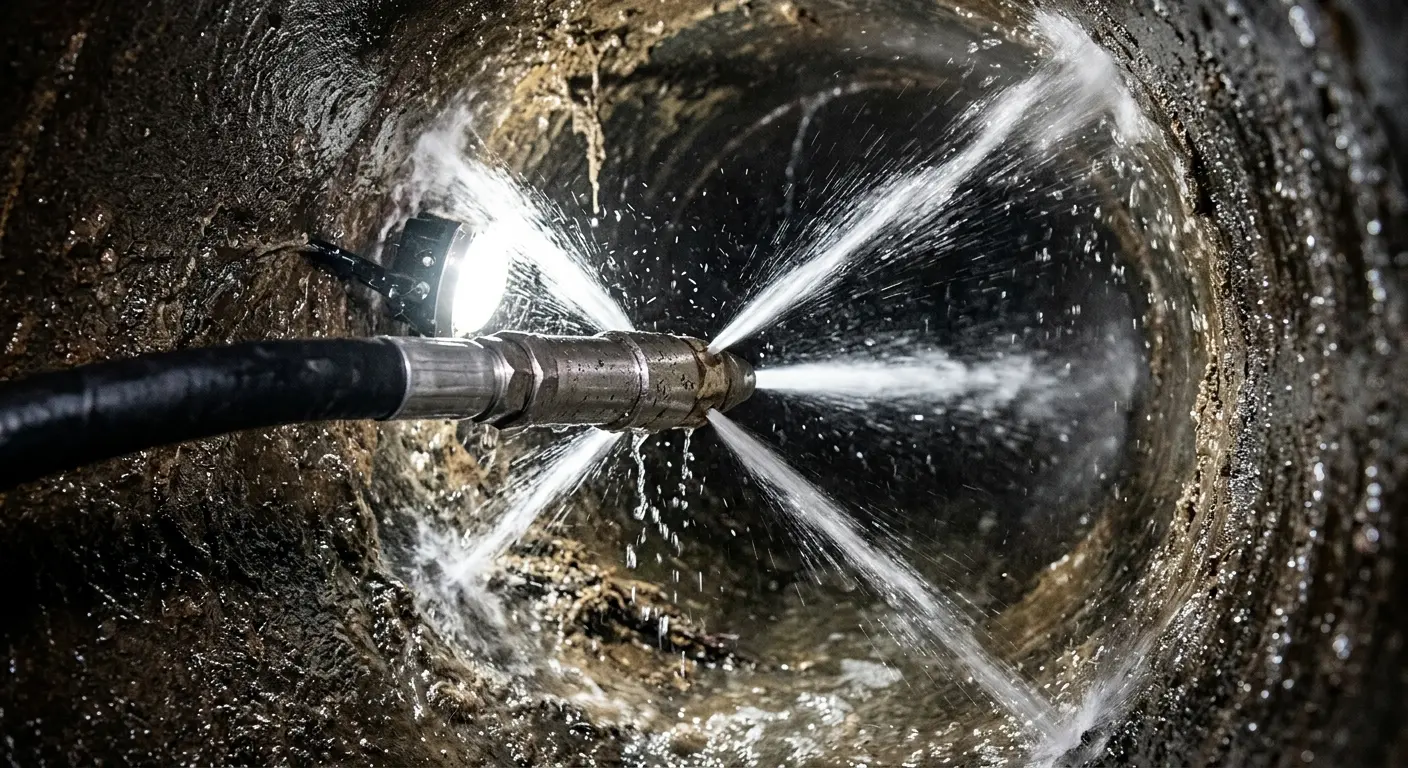 High-pressure hydro jetting nozzle cleaning sewer pipe for Trenchless Sewer Repair in Westwood Lakes