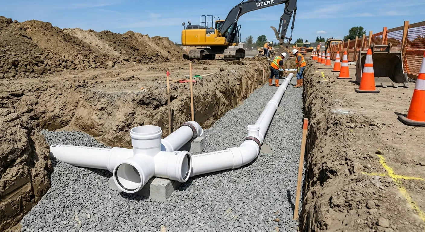 New PVC sewer pipe installation in open trench for Sewer Backup in Westwood Lakes