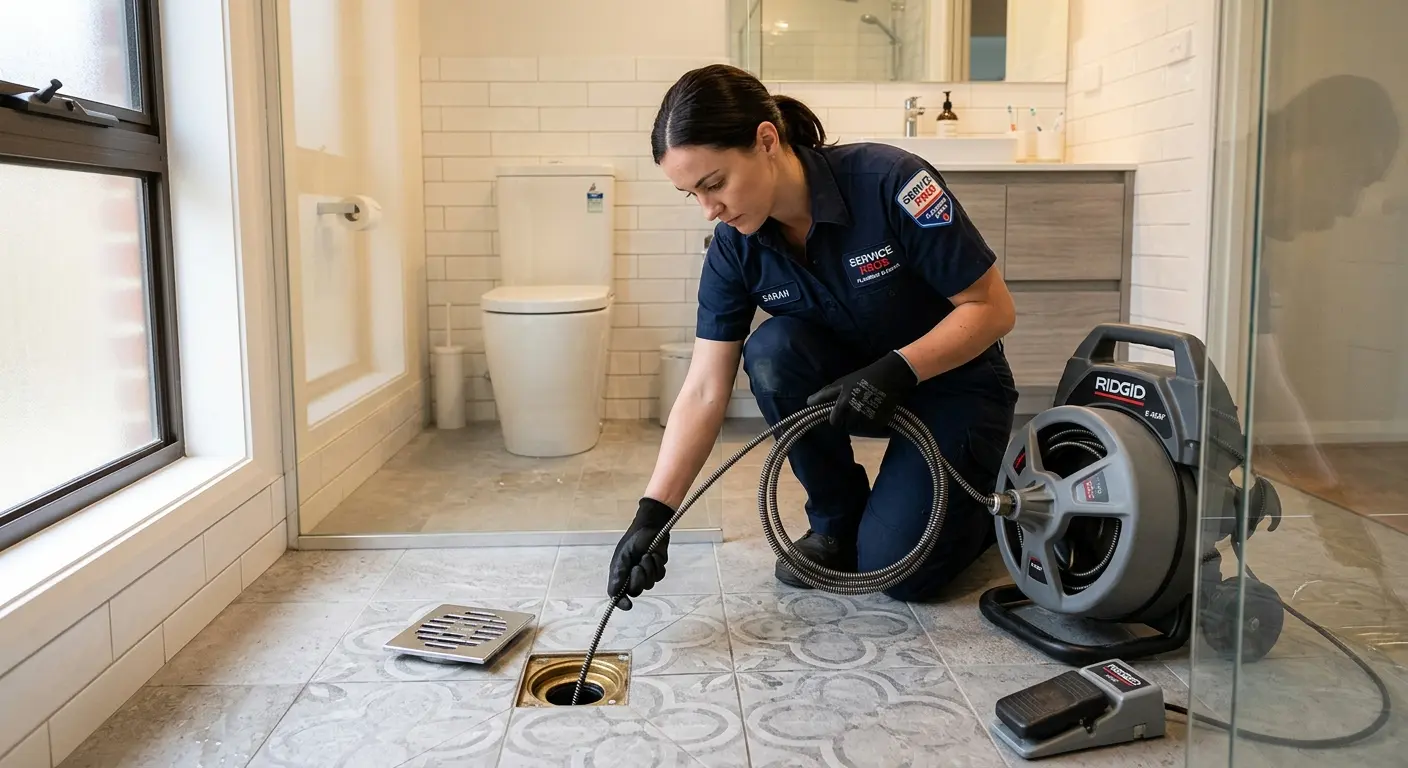Technician clearing a bathroom floor drain for Sewer Line Replacement in Westwood Lakes